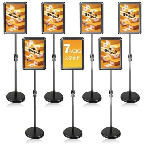 AceShow Sign stands for display, sign holder floor stand 8.5 x 11, Signage stand for businesses, Standing sign holder for Vertical & Horizontal View ( 7 Pack black stands ) Cover