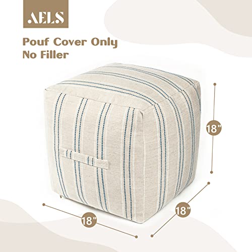 AELS Unstuffed Farmhouse Pouf Cover for Living Room, Boho Storage Bean Bag Cubes, Beige with Navy Blue Stitch Yarn Dyed Stripe Square Ottoman Pouf Foot Rest Footstool, 18"x18"x18", Cover ONLY