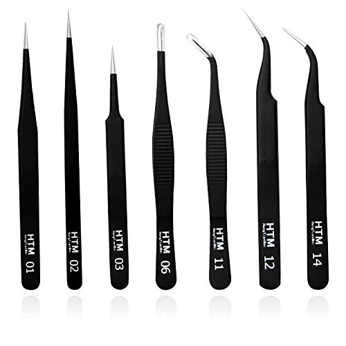 HengTianMei 7Pcs Precision Micro Tweezers Set, Anti-Static Stainless Steel, 3 Sharp Pointed Tweezers, 2 Curved Tweezer, 2 Serrated Tweezer for Eyelash Extensions, Craft, Jewelry, Soldering,Electronics