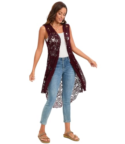 GLEAMISS Women's Crochet Long Vest Sleeveless Lace Cardigan Hollow Out Kimino Cover Up3