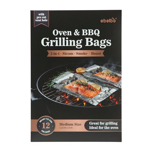 ebelbo Upgrade Grill Bags with Pre Cut Vent Hole Medium Size Aluminum Foil Portable Disposable BBQ Bags for Roasting Grilling Cooking Steaming and Smoking - Size 11.8x8 12 Count - 1 Pack