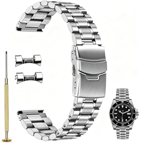 Image of Juntan 20mm 22mm Stainless Steel Watch Band Curved End Straight End for Men Women Metal Watch Bands Strap Quick Release Replacement Bracelet with Double Folding Buckle Silver