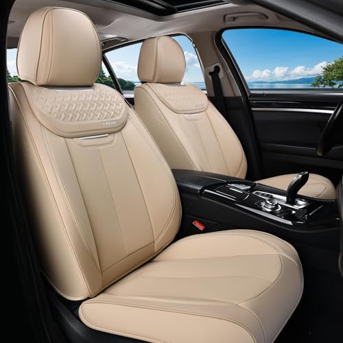 Image of Coverado Seat Covers, Car Seat Covers Front Seats, Beige Nappa Leather Car Seat Covers, 2 Pack Waterproof Front Seat Covers, Breathable Leather Seat Cushion Universal Fit Most Cars Trucks