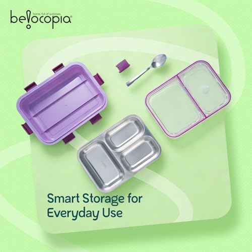 Image of Belocopia Gobblez Stainless Steel Lunch Box 525ml | Purple | SUS 304 Food Grade Steel | 3 Compartment Leakproof Tiffin Box with Spoon | Airtight Lunchbox for Office, School & Meal Prep