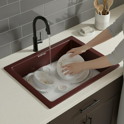 Image of BASINQU Quartz Kitchen Sink 21x18x9 Inches Quartz Brown | Granite Sink For Kitchen Basin UV Protected, Granite Scratch Resistant, Undermount /Topmount Kitchen Sinks