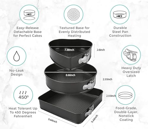 MOMENT Springform Pans Cake Bake Mould, Set of 3(Heart 9 inch, Round 10 inch and Square Shape 11 inch) Non-Stick Quick-Release Cake Tin Bake Bread Loaf Pan Baking Tray with Loose Base, Black