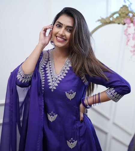 Image of Nermosa Women Printed Anarkali Kurta and Pant Set with Dupatta