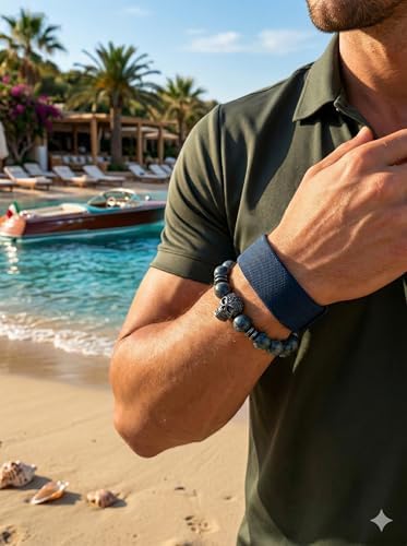 Unisex Doğal Taş Bileklik – Kafatası Detaylı Boncuk Bileklik, Elastik Tasarım Kadın ve Erkek Bileklik, Günlük Şık Aksesuar (Mavi) - Görsel 5