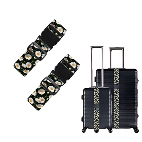 Image of 2PC,Daisy Flower Luggage Strap 1.97 x 70.84 inch White Floral Design Adjustable Suitcase Belt Durable Nylon Baggage Identifier for Elegant Travel Accessory