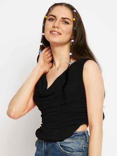 Image of Uptownie Women Top | Stretchable Cowl Neck Ruched Design | Sleeveless & Knitted Fabric for Casual Soft & Comfortable