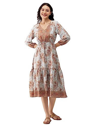 Image of AASK Abstract Printed Puff Sleeve Gathered Detailed Fit Flare Dress