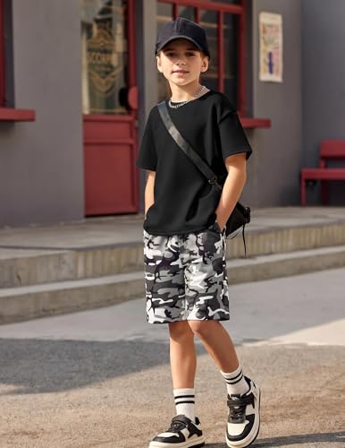 Image of Arshiner Boys Drop Shoulder T-Shirt & Drawstring Waist Shorts Summer Casual Outfits (5-12 Years)