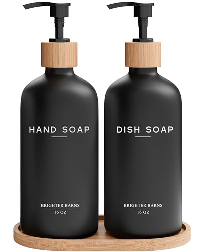 Black Glass Hand and Dish Soap Dispenser Set by Brighter Barns - Kitchen Soap Dispenser Set with Tray - Bamboo Pump Bottles for Kitchen Sink - Boho Modern Home Decor, Neutral Home Accessories (Black)