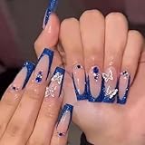 DANMANR Long Press on Nails Square French Fake Nails Full Cover Nude Acrylic False Nails for Women and Girls 24PCS (Blue Butterfly)