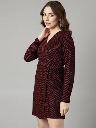 Image of SHOWOFFFF Women Self Design Wrap Party Dress | V Neck Full Sleeves Jersey Dress for Womens | Above Knee Dress for Women's