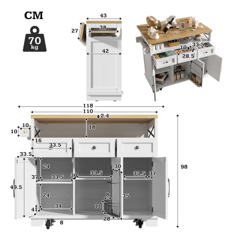 Isola Cucina Ruote Pieghevole, Legno Bianco, 118x43x98 cm