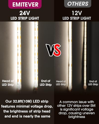 Image of EMITEVER COB LED Strip Lights Neutral White 4000K,UL 24V,32.8ft 4800LEDs (Pack of 2)