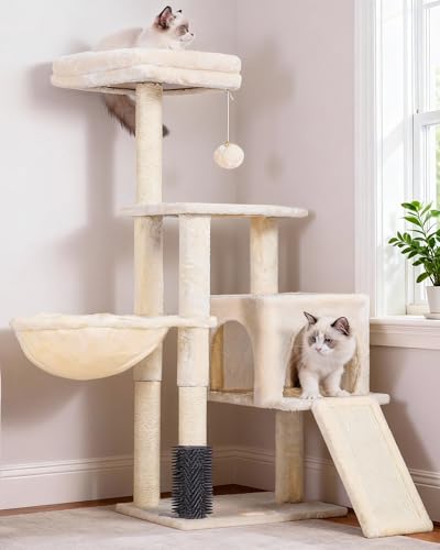 Heybly Albero Per Gatti, Il Pennello di Autocurazione, l'Albero per Gatto Domestici, con Peluche Lisce, Poltrona di Riposo, Nido per Gatti e Paletti per Graffiare, Beige HCT005SM