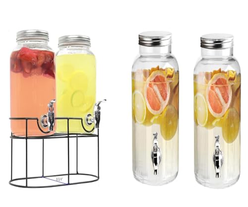 V-VAPE 2x3.8 LTR Twin Glass Cold Drink Dispenser Party Beverages Double Jars with Powder Coated Metal Stand