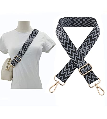 Image of 1pc Extendable Zigzags Jacquard Bag Strap with Clasps Geometric Webbing Belt for Shoulder Crossbag Messenger Bag Replacement (Black Blue)