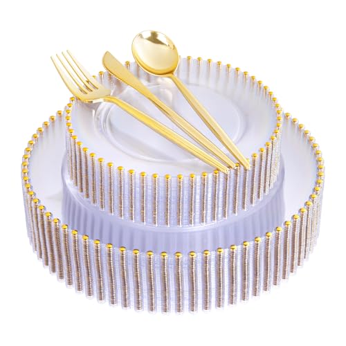 LIYH 150 Pcs Clear and Gold Plastic Plates - Elegant Disposable Gold Plastic Dinnerware set Include Dinner & Dessert Plates for Birthday Party Wedding 30 Guests