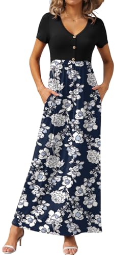 Image of GRECERELLE Womens Summer Long Maxi Dresses 2026 Short Sleeve V Neck Casual Button Dress with Pockets