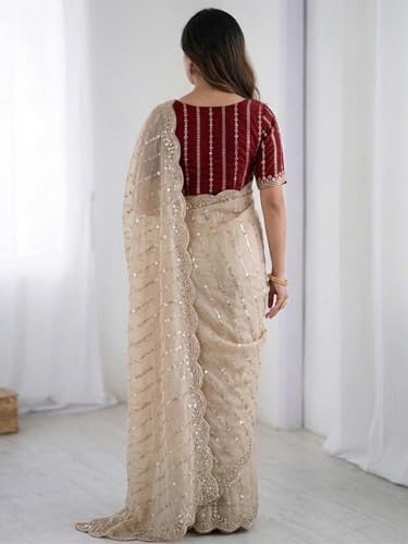 Image of SIRIL Women's Shimmer Georgette Scalloped Border Sequins Embroidery Saree with Unstitched Blouse Piece