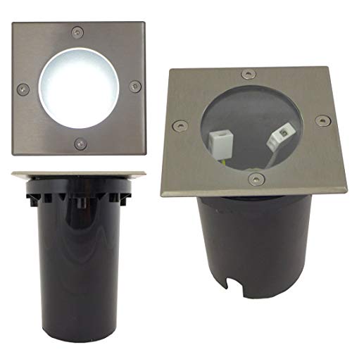 Bodeneinbaustrahler LED, 2x Bodenleuchte mit GU10 Fassung mit 3,5 Watt LED Leuchtmittel, Lichtfarbe: kaltweiss (2er bis 5er Set), 230V, Bodeneinbauleuchte mit Edelstahl Abdeckring Quadrat ca. 110 x 110 mm. IP67. Bodenlampe inklusive klarer und satinierter Glasabdeckung Cover