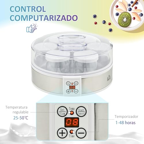Miniatura 5 de Homcom Yogurtera 20w Capacidad 1,26l Máquina De Yogur Con 7 Tarros De Cristal De 180 Ml Termostato Ajustable Temporizador De 1-48 Horas Y Pantalla Led 24x24x13 Cm Blanco