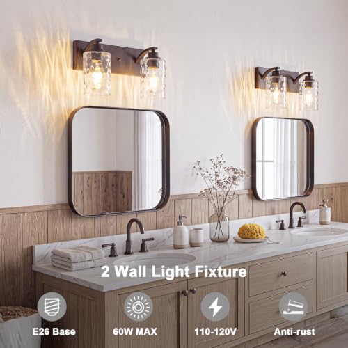Image of 2-Light Bathroom Light Fixtures Modern ORB Vanity Lights | Easy to Install Clear Hammered Glass Shades, Rippled Glow, Wall Mount Up or Down, E26 Socket, Hardwired, 120V