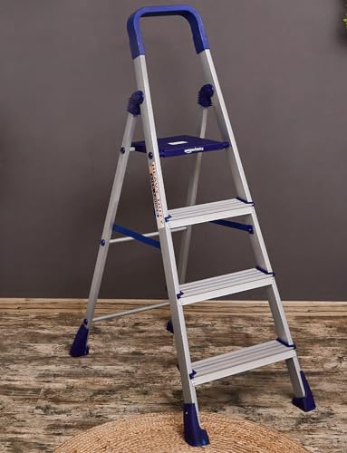 Image of amazon basics Clamber Pro - Foldable Step Ladder, Firm Grip, 4 Steps (Aluminium Steps, Blue & Satin)