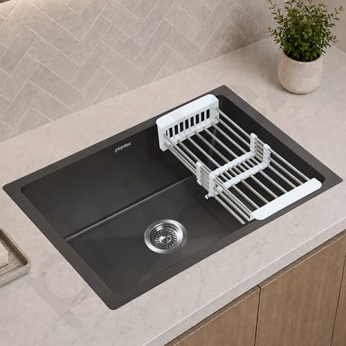 Image of Plantex Stainless Steel Handmade Kitchen Sink /Single Bowl Sink For Kitchen With Drain Rack and Coupling and Waste Pipe /Undermount /Topmount (Black- 30X18 Inches)