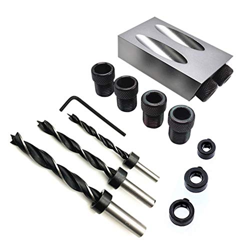 Juego de plantilla de agujeros de bolsillo, 15 grados, posicionador de agujeros inclinados con taco, herramienta de perforación para carpintería 6/8/10 mm (14 piezas) Cover