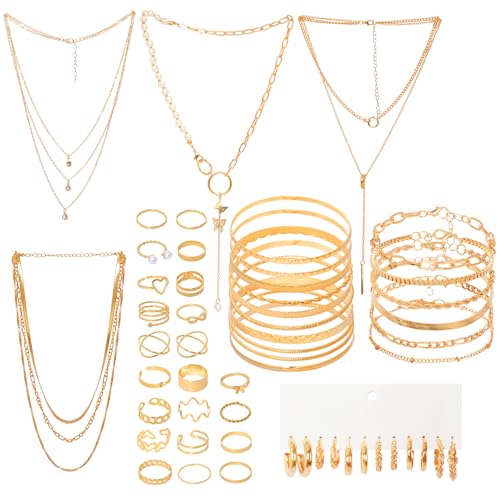 Image of 48pcs Gold Jewelry Set for Women Multi Layered Necklace Knuckle Rings Stackable Bracelets Dainty Earrings Anniversary Birthday Valentine Gift Pack for Women