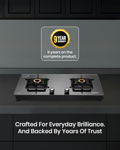 Image of Sujata Premium Gas Stove 2 Burners Glass Top | 9 Years Warranty | Gas Stove with Jumbo Brass Burners | SABAF Technology | ISI Certified | LPG & PNG Compatible | 360 Rotating Brass Nozzle (Black)