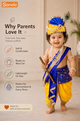 Image of Sarvda Krishna & Radha Dress for Kids - Complete Janmashtami Costume Sets with Dhoti /Lehenga, Mukut, Mor Pankh, Bansuri & Accessories | Fancy Dress for Baby Boys & Girls
