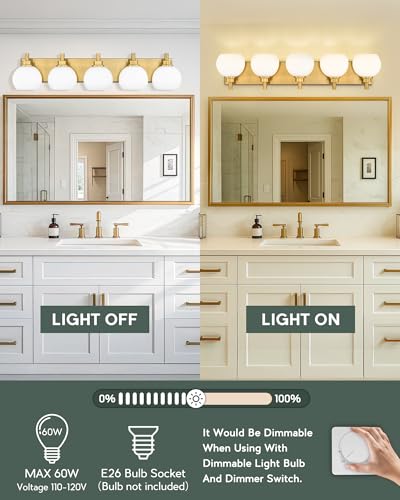 Image of Bathroom Light Fixtures, 5-Light Brushed Gold Bathroom Vanity Lights Over Mirror with Globe Milk White Glass Shade, 32 Inch Modern Vanity Lighting Fixtures, VL195-BG-ML-5