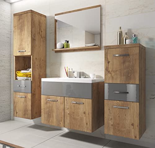 PIASKI Ensemble de meubles de salle de bain Alba - Ensemble de meubles de salle de bain inclus, meubles de salle de bain suspendus - Couleurs assorties (marron/gris brillant) One Size ALBA1