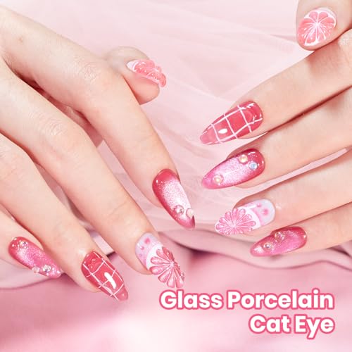 Image of Beetles Apple Sweet Gleam Pink Cat Eye Gel Nail Polish - 15ML Full Size Glitter Pink Cat Eye Spring Gel Polish Magnetic Shimmer Effect Soak Off UV Nail Art Design Salon DIY Manicure Gift for Women