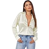 MakeMeChic Women's Satin Silk Long Sleeve Blouse Button Down Shirt Casual Top Beige L