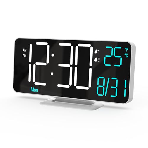 KOSUMOSU デジタル時計 目覚まし時計 寝室用LED時計 6.7インチ ブラック卓上時計 デュアルアラーム 日付/秒/曜日 12/24時間 /調光/温度/カレンダー付きリビングルーム用置き時計