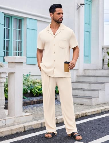 Mens Two Piece Summer Outfit Short Sleeve Ribbed Shirt and Pants with Pockets Loungewear Beachwear Sleepwear3