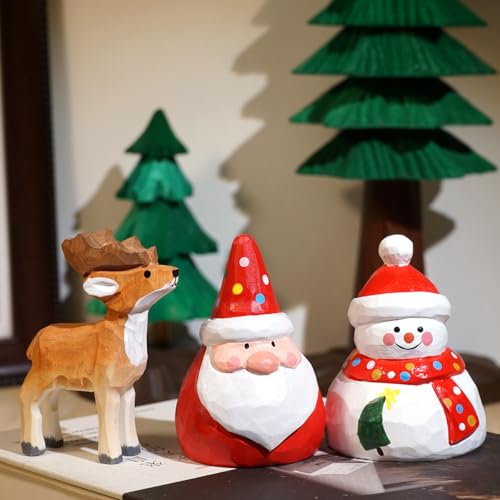 Handmade Wooden Carved Christmas Figurines, Set of 3, Santa Figurine,Christmas