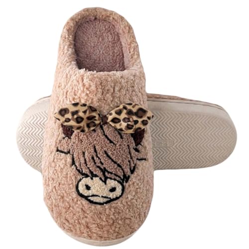 Image of Highland Cow Slippers for Women Plush Scottish Highland Cow Animal Slippers Warm Non Slip Home Indoor Slippers
