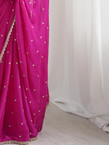 Image of AKHILAM Women's Pure Georgette Embroidered Saree With Unstitched Blouse Piece