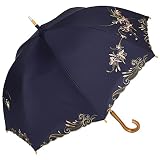 日傘 晴雨兼用 女優日傘 長日傘 刺繍 完全遮光 遮熱 UVカット かわず張り 涼しい 特殊2重張り 全面刺繍 (シャガ・ネイビー)