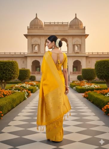 Image of Kanjivaram Silk Saree for Women - Handloom Floral Weaving, Contrast Border, Heavy Gold Zari Rich Pallu, Traditional Designer Wedding & Festive Saree with Blouse Piece