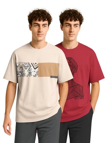 Image of BULLMER Trendy Half Sleeve Oversized Cotton Blend Crew Neck Tshirt for Men - Pack of 2