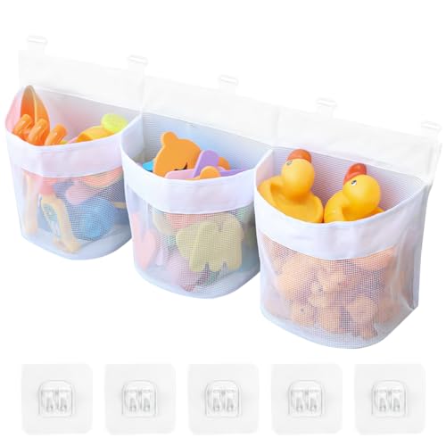 Portaobjetos para juguetes de baño, red portaobjetos para juguetes de baño, bolsa portaobjetos para juguetes de baño 60 x 25 cm con 5 ganchos adhesivos, ideal para bañeras de niños