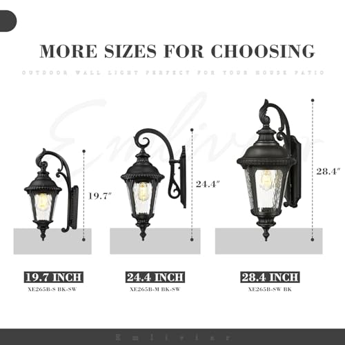 Image of Emliviar Porch Sconce Lighting for Patio, 19.7 Inch Black Classic Outdoor Wall Sconce with Water Ripple Glass Shade, XE265B-S BK-SW